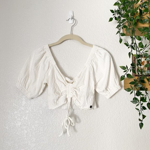 🦋 ROXY White Flirty Walk Crop Puff Sleeve Top Boho Beachy - Picture 2 of 5
